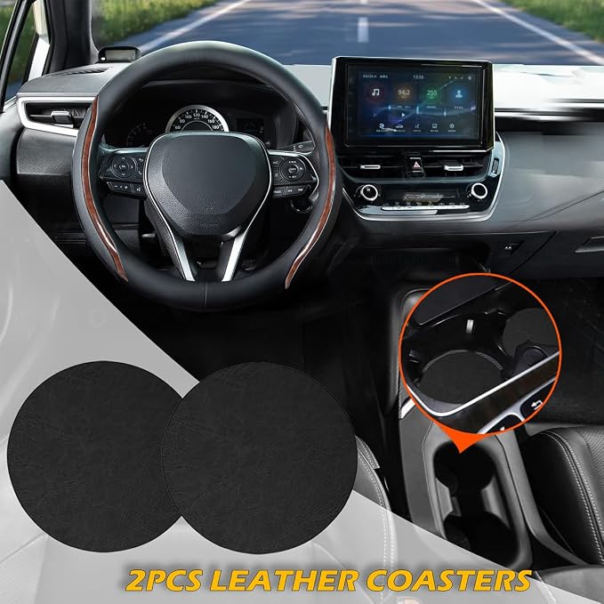 Black Steering Wheel Cover Wood Grain Leather Universal 14.5"-15" | Wood Car Steering Wheel Covers with Coasters Microfiber Breathable Anti-Slip Durable Steering Wheel Accessories Set