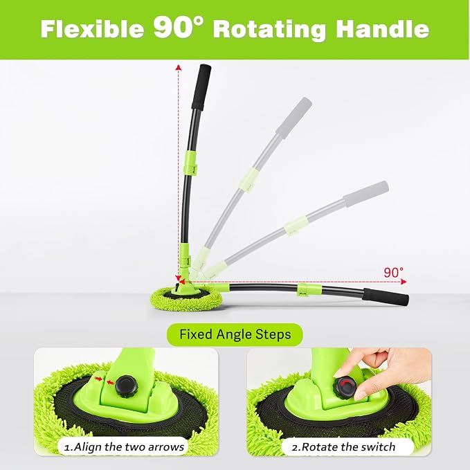 7-in-1 Car Wash Brush Kit with 15° Curved Long Handle for Cars | Car Cleaning Kit with 2 Replaceable Car Washing Mop, Wash Sponge, Mitt, Towel, Tire Brush for RV SUV Truck, Green