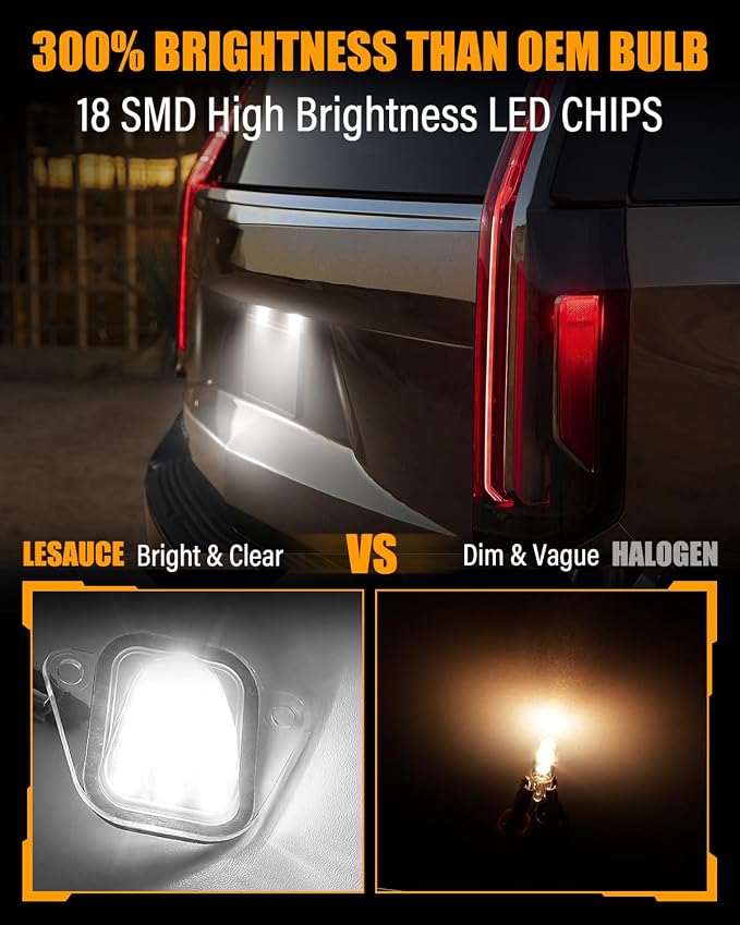LESAUCE LED License Plate Lights For 2007-2014 Chevy Suburban Tahoe GMC Yukon Cadillac Escalade ESV, 6000K White, Tag Lamp Assembly Replacement, Pack of 2