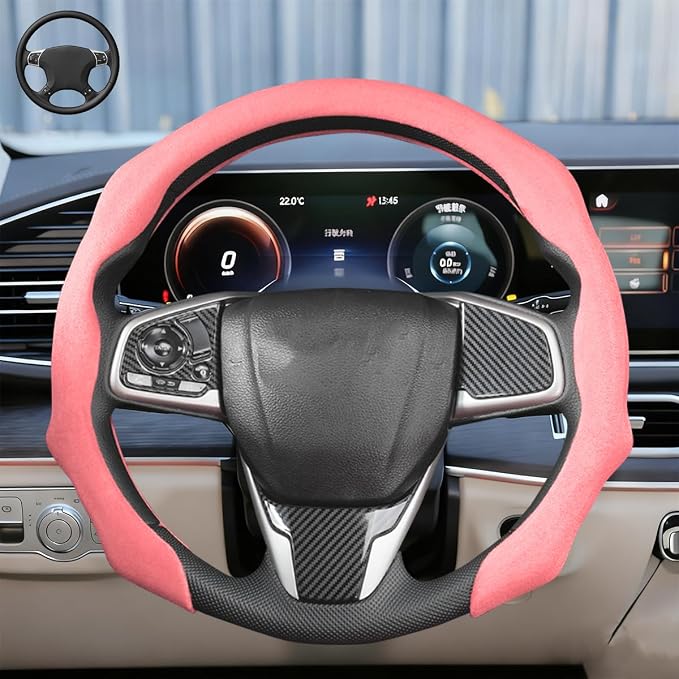 Car Steering Wheel Cover, Soft Brethable Suede Non-Slip Vehicle Steering Wheel Protector, Comfortable Sporty Auto Interior Protection Accessories, Universal for Truck SUV Van (Light Pink)