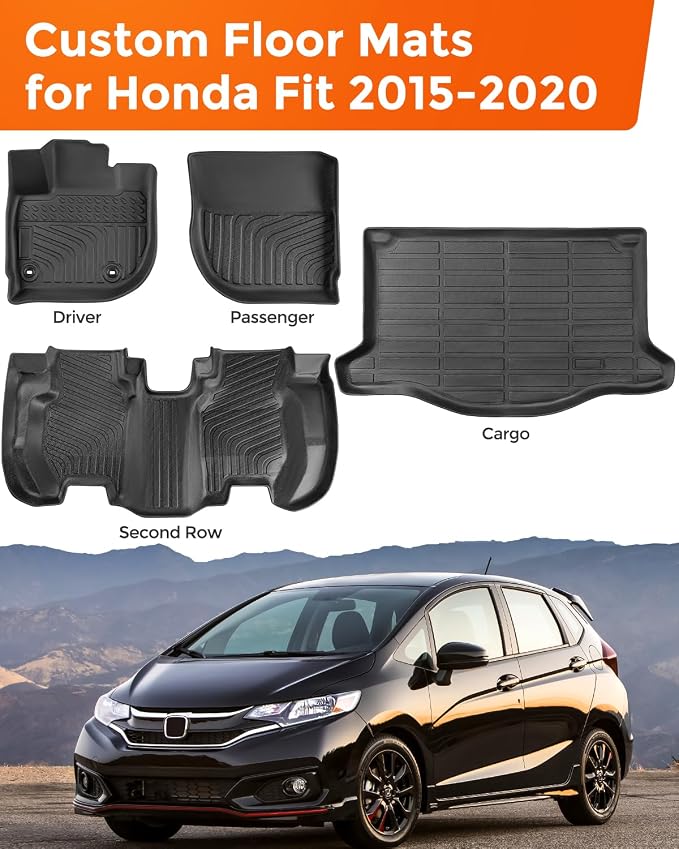 CARxion® for Honda Fit Floor Mats & Cargo Trunk Liner 2015-2020 SUV 5-Seat | Not for Manual Transmission Custom Fit All-Weather TPE Rubber Black Car Accessories 2019 2018 2017 2016 Summer Bench Trip