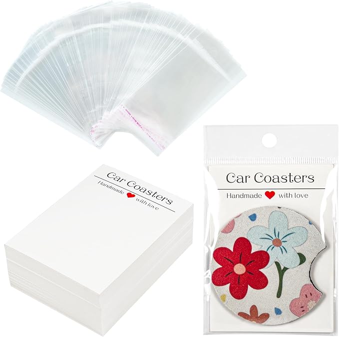 Vcekract 100Pcs Car Coaster Packaging for Selling, Sublimation Car Coasters Cards with 100Pcs Bags, Car Coaster Packaging, Coasters Display Cards 3.93x2.85In, Heat Press Machines Accessories