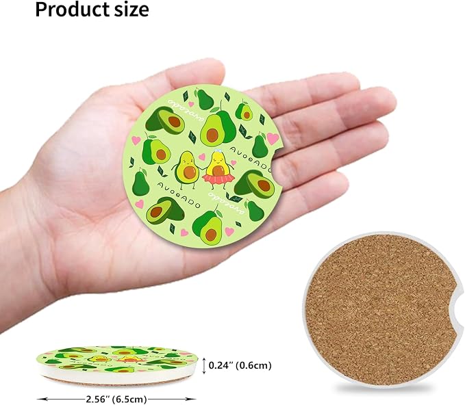 Cute Avocado Car Coasters: Pack of 2, Absorbent Ceramic Drink Cup Holder Coasters with Finger Notch for Easy Removal