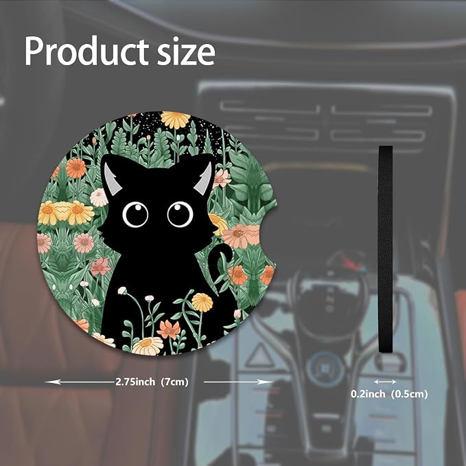 2pcs Cute Black Cat Car Coasters,Absorbent Universal neoprener Cup Holder Coasters with a Finger Notch,Car Accessories for Women&Man Interior，2.75" 3