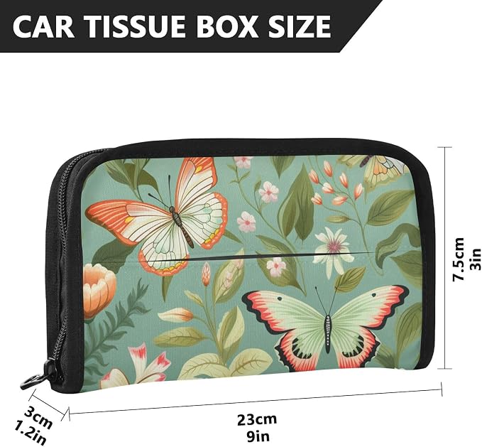 Car Visor Tissue Holder Mask Holder for Car, Car Tissue Box Sun Visor Napkin Holder Car Visor Accessories Adjustable Straps Reusable Durable Easy to Install Sage Green Butterfly Flowers