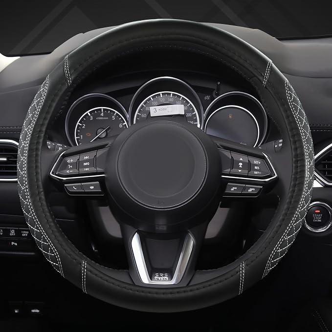 West Llama Car Steering Wheel Cover for Mazda 3,5,6,CX-3,CX-5,CX-30,CX-50,CX9,CX-9,MX-5 Miata,CX-7,RX-8,14.5-15 inches(Diamond Quilted-Black+Gray-Standard Size)