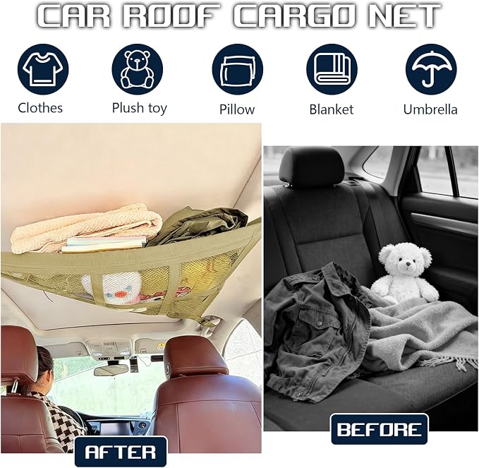 Car Ceiling Cargo Net, 28.74"×20.87" Double-Layer Mesh Car Roof Storage Organizer, Auto Interior Roof Cargo Net for SUV Truck Van, Camping Accessories, Road Trip Essentials (Beige)