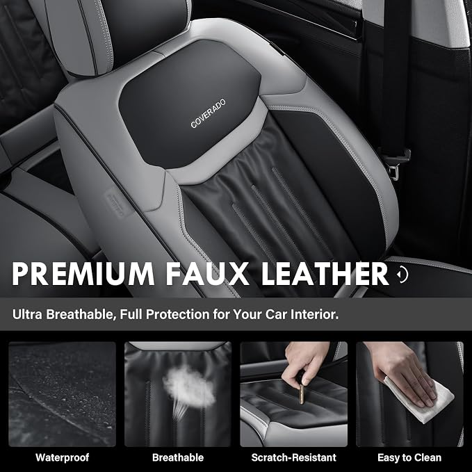 Coverado Front Seat Cover, 2 Pack Waterproof Seat Covers, Nappa Leather Car Seat Protector, Car Seat Cushion, Gray&Black Seat Covers Car seat Cover Universal Fit for Most Cars