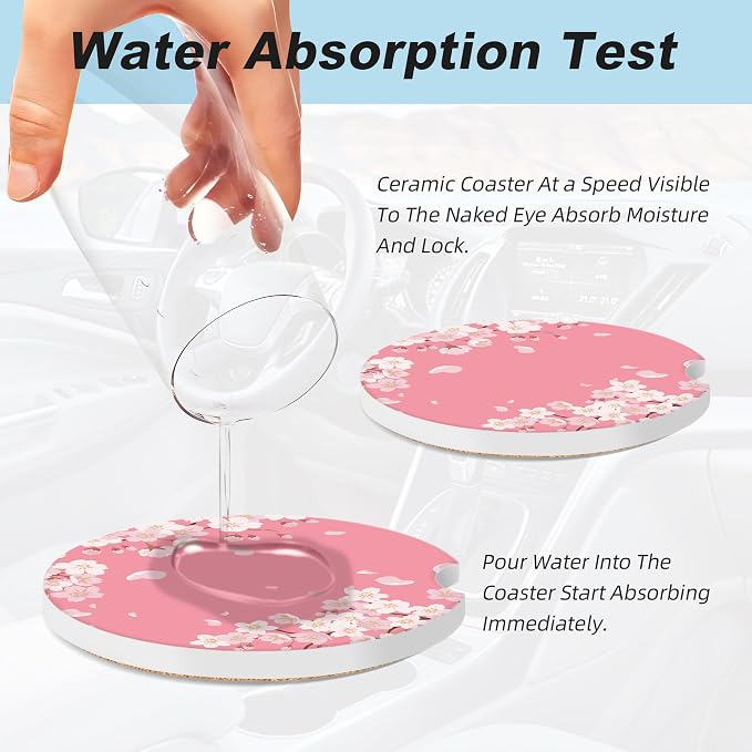 Pink Cherry Blossom Car Coasters for Cup Holders,2 Pack Car Cup Holder Coasters for Car,Ceramic Absorbent Car Coaster with A Finger Notch and Cork Base,Car Interior Accessories for Women Men