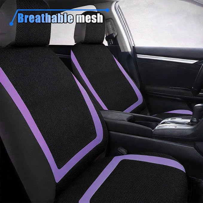 LAINLOY 2 Pack Car Seat Covers, Breathable Seat Protectors, Anti-Slip Driver Seat Cover, Comfortable Front Seat Cover Set Universal Fit for Truck, SUV, Sedan, Airbag Compatible (Black&Purple)