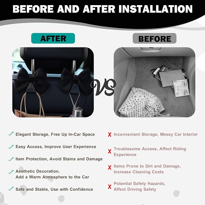 2PCS Car Seat Headrest Hooks, Cute Bow Vehicle Rear Seat Bracket Hook for Purses and Bags, Automotive Purse Hook Hanger, Universal for SUV, Sedan, Truck (Black)