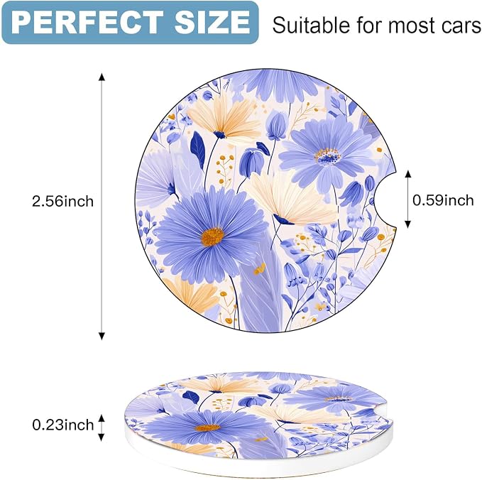 Car Cup Holder Coaster Set of 2, 2.56 in Ceramic Coasters, Scratch-Resistant Cork Backing, Finger Groove Design for Easy Placement, Cute Car Accessories Interior for Women (Purple Flowers)