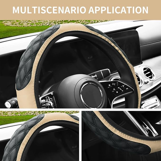 15 Inch Leather Steering Wheel Cover, Automotive Accessories Breathable Anti-Slip Elastic Soft Wheel Protector, Fit for Most SUVs Trucks and RVs (Beige)