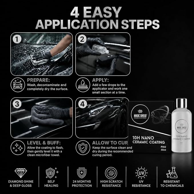 Magic Shield Ceramic Coating PRO 10H - Self-Healing | Long lasting for 2 cars+ | Advanced SiO2 Protection | Easy Application | Candy-Like Gloss | Perfect for Cars, Motorcycles, RVs, and Boats (50ml)