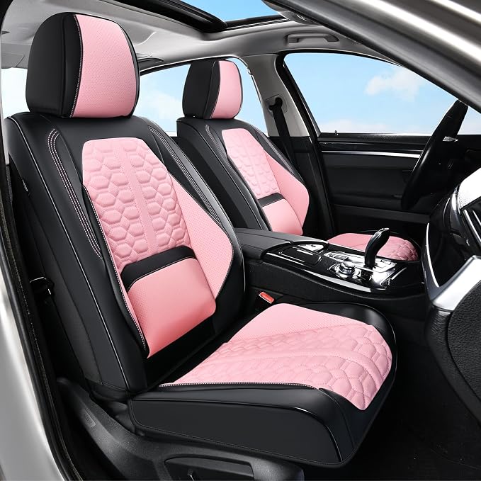 Huidasource Leather Seat Covers Full Set, Front and Rear Car Seat Covers, Full Wrap Automotive Car Seat Cushion Covers Protector Nappa Leather Fit for Most Cars SUV Trucks, Black & Pink