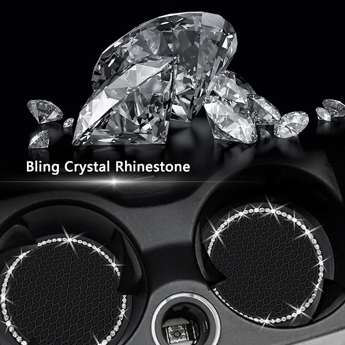 2PCS Bling Car Cup Coaster, 2.75 Inch Auto Cup Holder Insert Coasters Silicone Anti-Slip Crystal Rhinestone Drink Mat, Universal Vehicle Interior Accessories for Women Girls (Black)