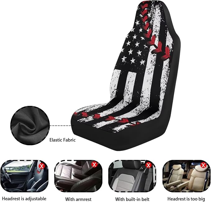 American Flag Car Front Seat Covers Baseball Stitch Car Seat Covers Set of 2 Removable Automotive Accessories Universal Fit for Cars,Sedans & SUVs