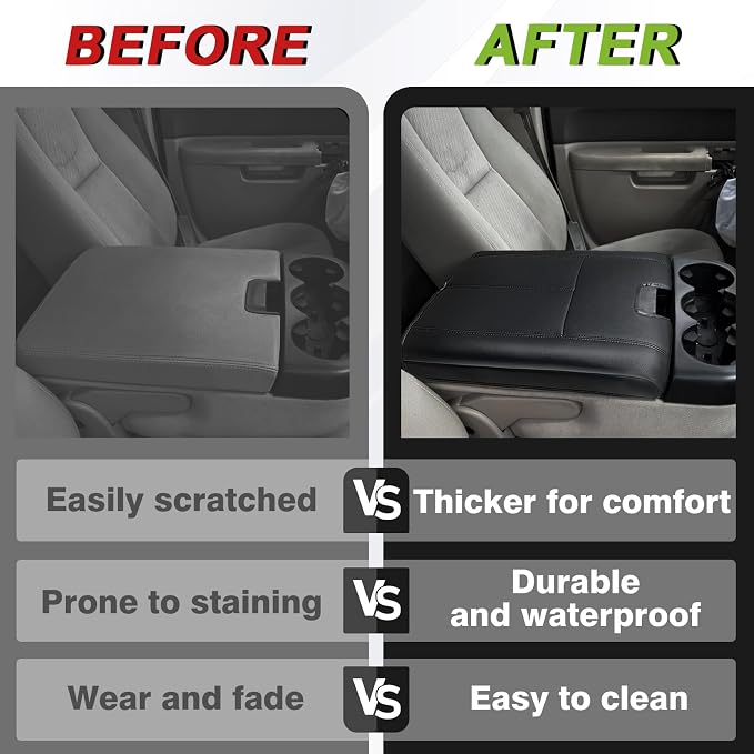 Muslogy Center Console Armrest Cover Fit for Chevy Silverado/Tahoe &GMC Sierra/Yukon/Suburban 2007-2013 Accessories, Comfort Armrest Pad Console Lid Cushion Vegan Leather Regular Thick(Jump Seat ONLY)