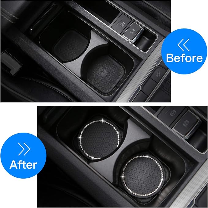 ACODABLEM 2 Pack Bling Car Cup Holder Insert Coasters, 2.75 Inch Soft Crystal Rhinestone Rubber Pad Set Round Auto Drink Coaster Car Interior Accessories (Black)