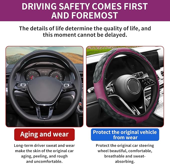 15 Inch Leather Steering Wheel Cover, Automotive Accessories Breathable Anti-Slip Elastic Soft Wheel Protector, Fit for Most SUVs Trucks and RVs (Purple)