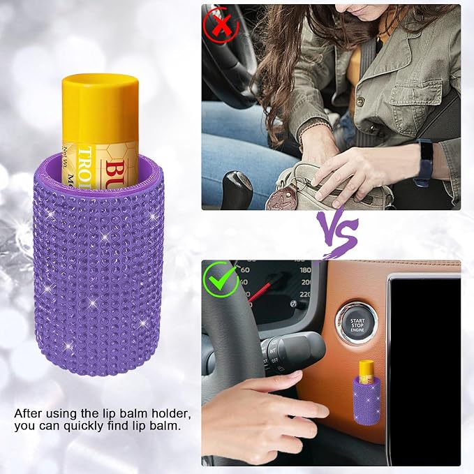 Upright Car Chapstick Holder, Bling Insulating Lip Balm Holder,Rhinestone Car Accessories for Women Interior ,Suitable for Most Vehicles. (Purple)
