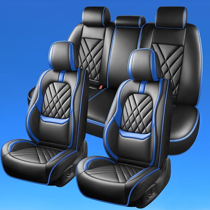 Fit Titan Car Seat Covers Compatible with Nissan Titan 2009-2024 2025 2026-Premium Leather,Waterproof,Breathable,Airbag Compatible &All-Weather Seat Cushion Protecto(5 Seats Full Set,Blue)