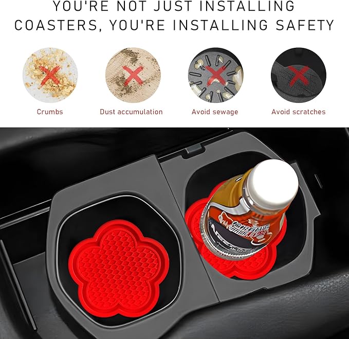 DXNQ 2 PCS Car Cup Coasters, Cute Flower Shaped Car Cup Holder Mat, PVC Waterproof Anti Slip Vehicle Cup Holder Insert Coaster, Universal Car Interior Decor Accessories (Red)