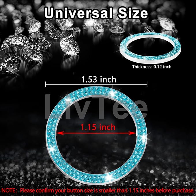 LivTee 2 PCS Crystal Double Rhinestone Car Engine Start Stop Decoration Ring, Bling Car Interior Accessories for Women, Push to Start Button Cover Sticker, Automotive Decals, Cyan