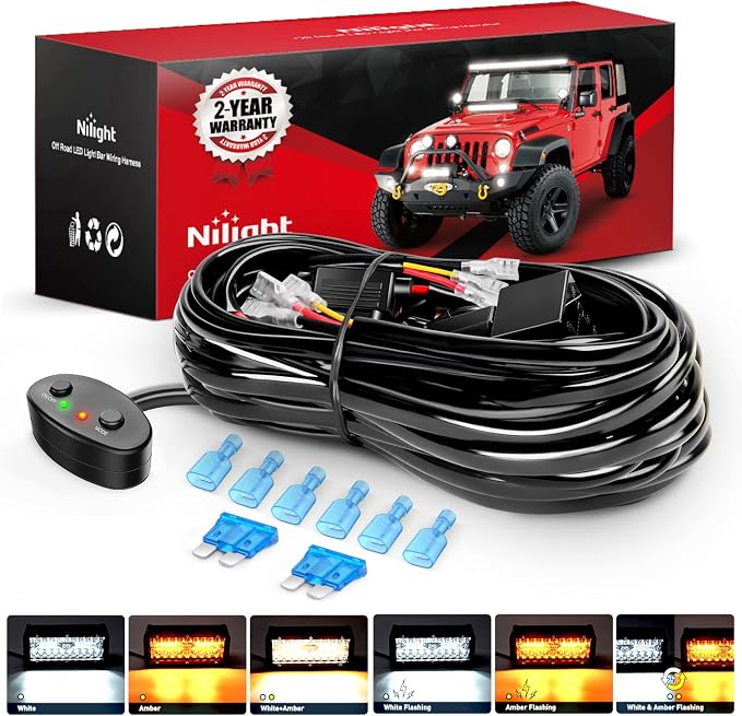 Nilight 16AWG Wiring Harness Kit 2 Leads Specially Customized for 6 Modes Amber White Strobe Light Bar Off Road LED Work Light 12V On Off Switch Remember Function Reset Function