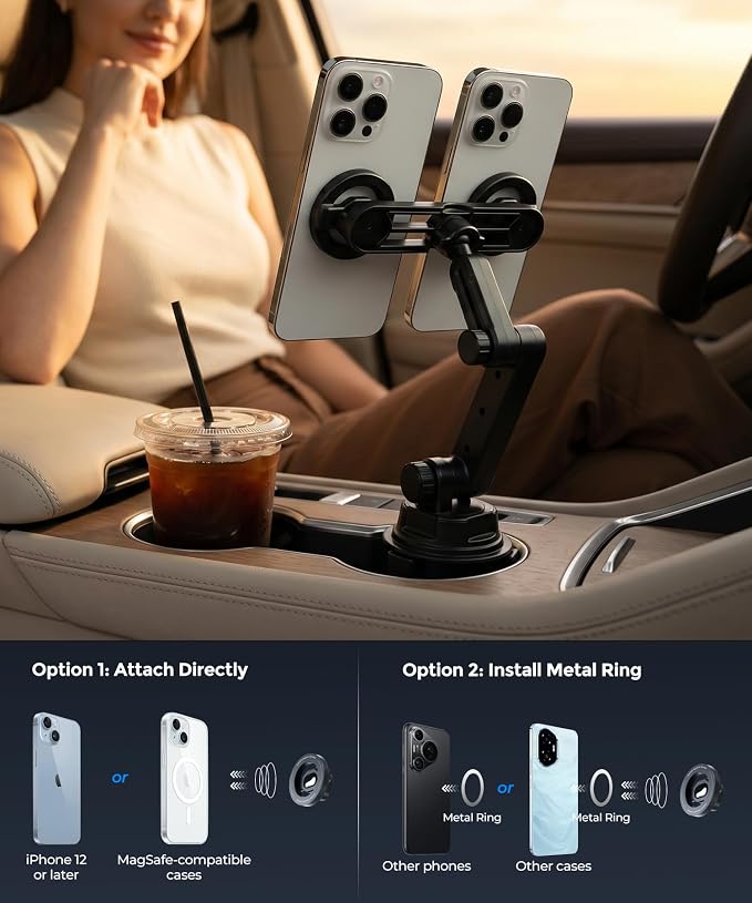 Dual MagSafe Cup Holder Phone Mount, Adjustable for iPhone 12-17 | Dual MagSafe Cup Holder Phone Mount, 360° Adjustable, Modular, Fits Cars, SUVs & Trucks, iPhone 12-17
