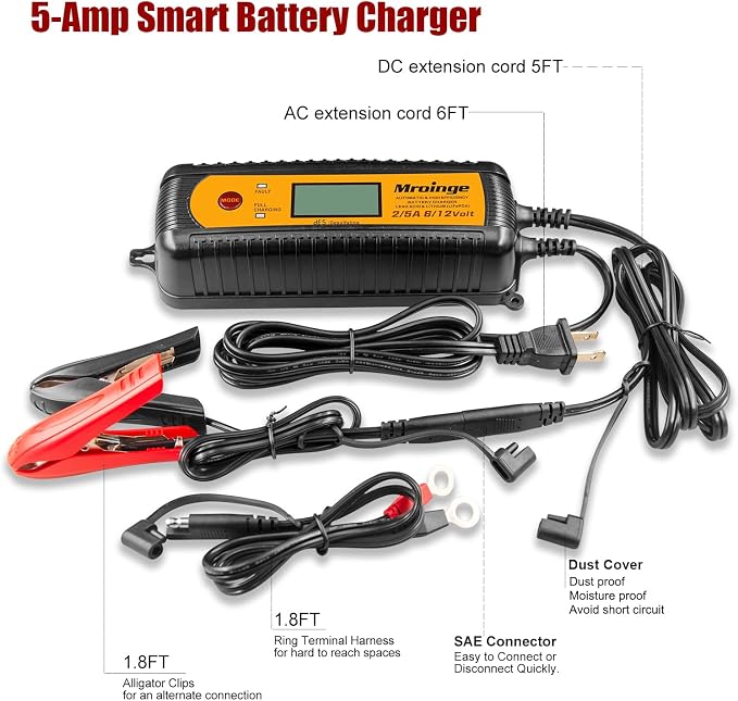 Smart Battery Charger, Mroinge 5A 6V/12V Automatic Battery Charger/Maintainer/Desulfator for Cars, SUVs, Trucks and More, Suitable for Charging Lead-Acid & Lithium (LiFePO4) Batteries
