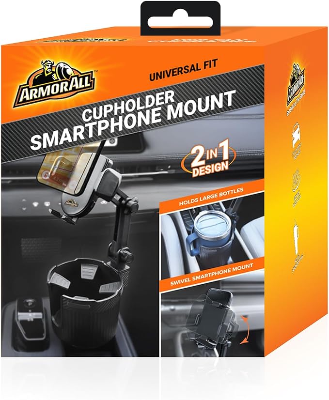 Armor All 2-in-1 Cup Holder Cell Phone Holder, Dual Cellphone Car Mount and Cupholder, XL Cupholder Holds Bottles, 6” in Arm 360° Degree Rotatable, Swivel Phone Mount Fits Most Phones, Expandable Base