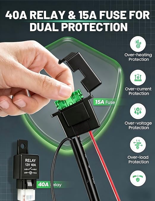 Anina H8 H11 Relay Harness Wire Kit with LED ON/Off Switch 40A Relay Fuse Wiring Set Compatible with Automtive Driving Light, Worklamp, Fog Light, Off-Road Lighting