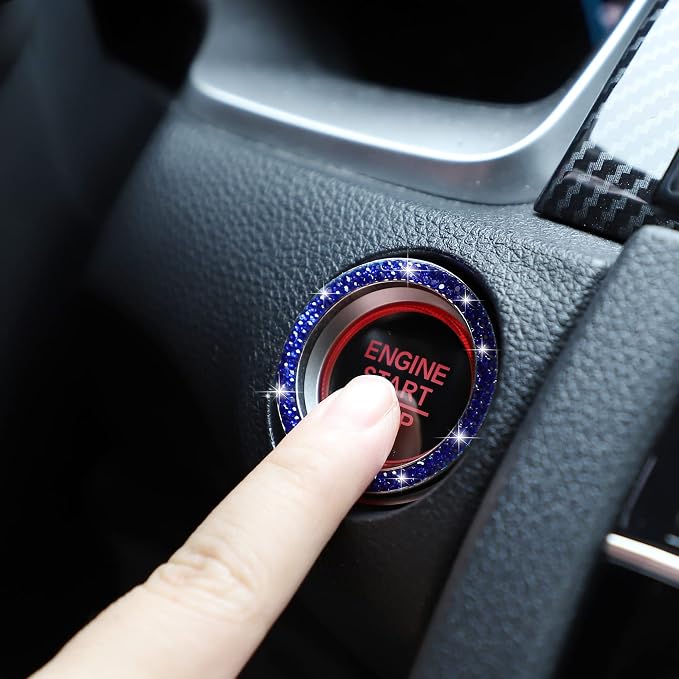 WINKA 2pcs Bling Car Engine Start Button Cover Diamond Crystal Push Start Stop Button Ring Sparkly Bling Ignition Button Cover Rhinestone Keyless Ignition Ring Universal Car Accessories (Navy Blue)