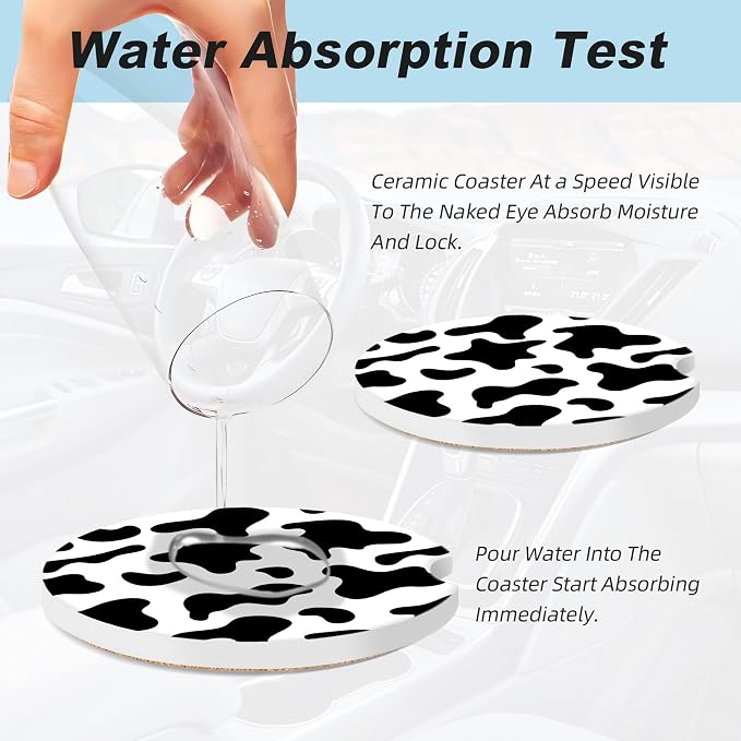 Black and White Cow Print Car Coasters for Cup Holders,2 Pack Car Cup Holder Coasters for Car,Ceramic Absorbent Car Coaster with A Finger Notch and Cork Base,Car Interior Accessories for Women Men