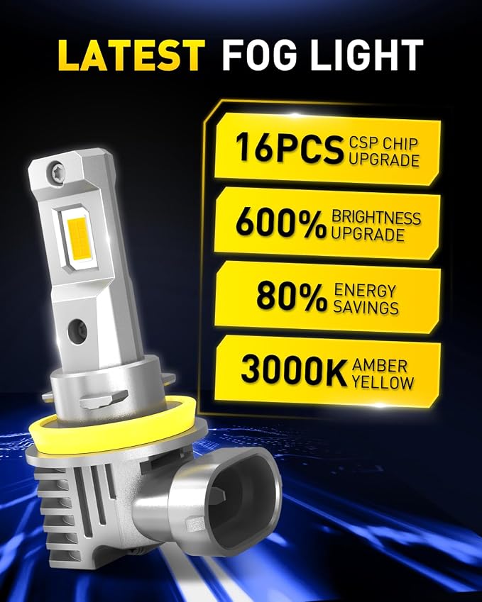 AUXITO H11 LED Yellow Fog Light Bulbs or DRL, 600% Super Brighter 3000K Amber Yellow Light, H8 H16 Fog Lights Replacement for Cars, Non-polarity, Pack of 2