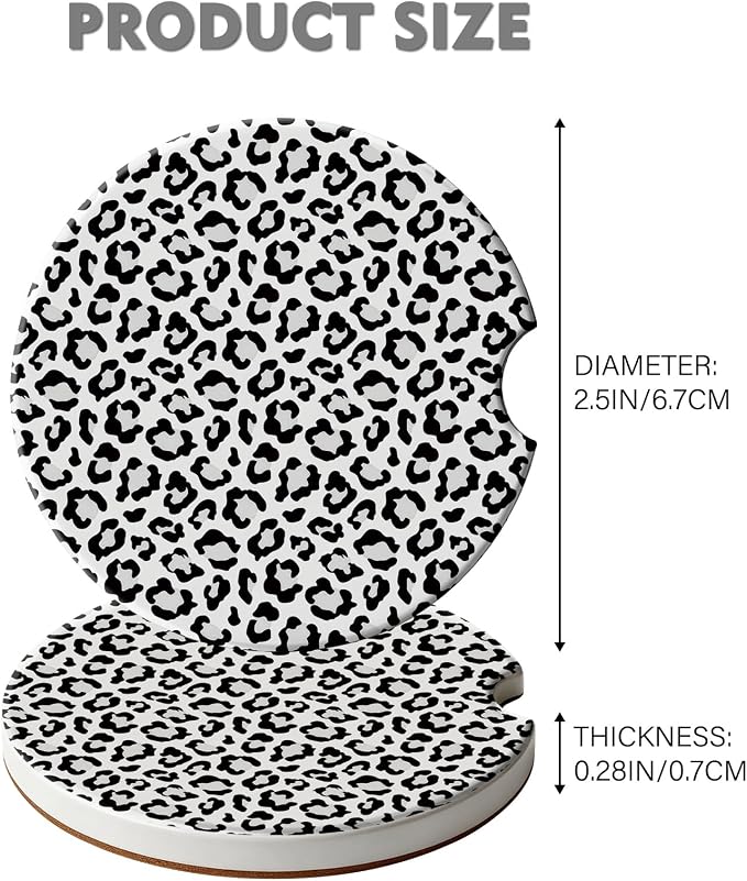 2 Pack Car Coasters for Cup Holders, Absorbent Ceramic Cup Coaster with Cork Base and Finger Notch, Cute Car Accessories Interior for Women Men (Leopard-White)