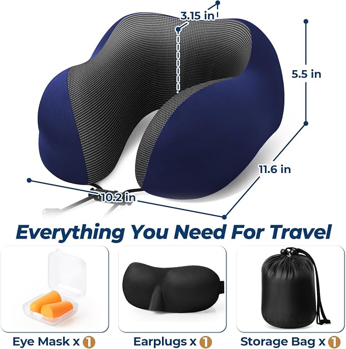 ExploreBliss Travel Pillow, Travel Pillows for Sleeping Airplane, Neck Pillow Airplane, Memory Foam Neck Pillow Set with Eye Mask, Earplugs and Storage Bag -Blue
