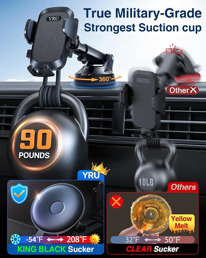 YRU True Military-Grade [360° Rotation Suction] 2026 Ultimate Car Phone Holder Mount【90+LBS Safest Strongest & Patent Certs】 Dash Windshield for iPhone 17 16 Pro Max Speakerphones, Matt Black