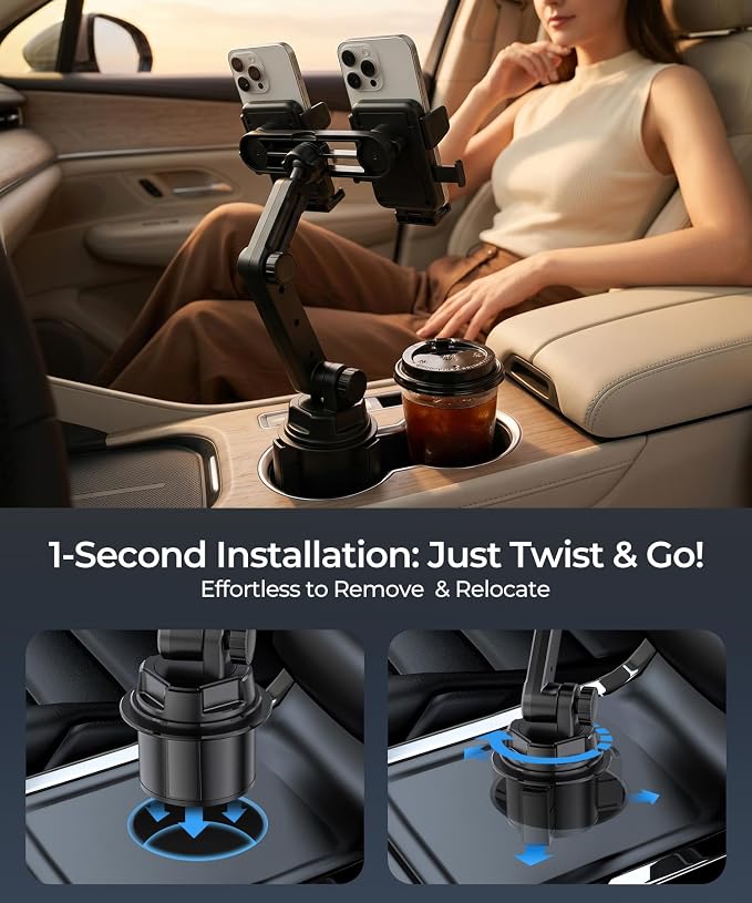Dual Cup Holder Phone Mount for Car, Fits Two 4-7.2" Phones | Dual Cup Holder Phone Mount for Car, Holds 2 Phones, Adjustable Base 2.55"-3.66", 360° Long Arm, Fits 4-7.2" iPhone & Android