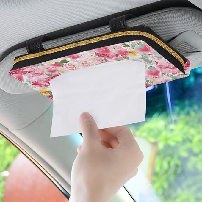 Rose Car Sun Visor Napkin Holder Hearts Print Sun Visor Tissue Holder PU Leater Backseat Tissue Box Gift for Women Wife Girls