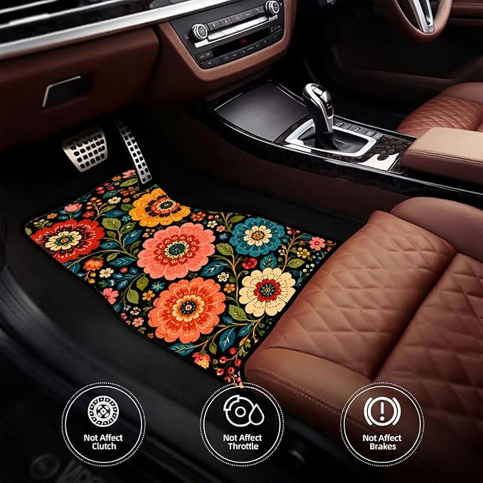 Folk Flower Car Floor Mats Set of 4 Black Botanical Garden Art Car Accessories Foot Mats Rugs, Non-Slip,Decor for Universal Fit for Suvs Sedans Trucks Cars Auto Floor Carpets Rugs All-Weather