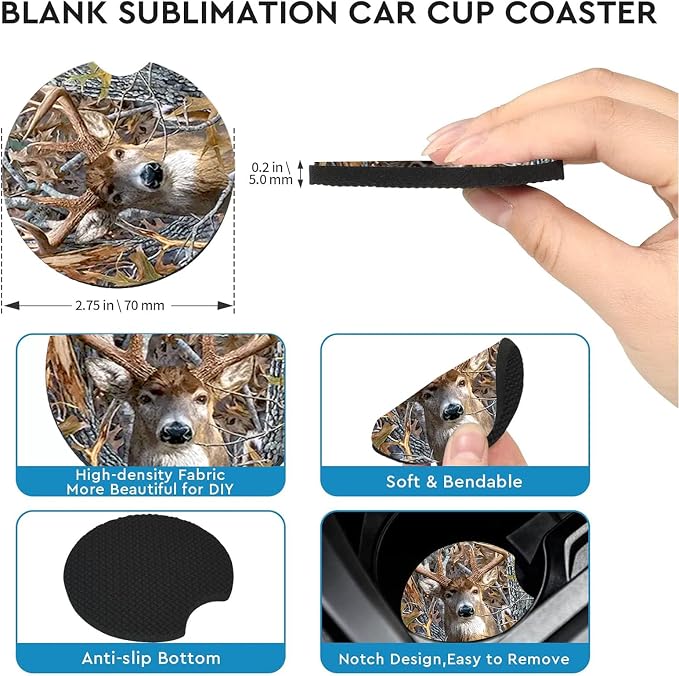 2 Pack Camo Deer Car Cup Holder Coasters Universal Neoprene Coasters | 2.75" Universal Size Anti Slip Rubber Mat, Auto Cup Holder Accessories for SUV Truck, Camo Deer Gifts for Women Men Mom