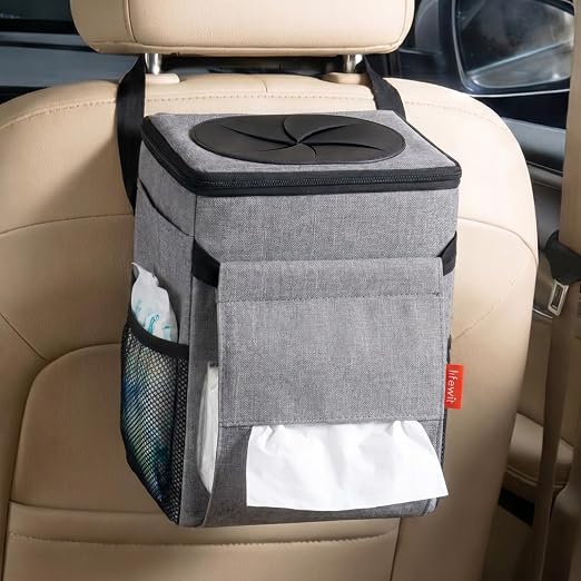 Lifewit Car Trash Can with Lid and Tissue Holder, Leak-Proof Waterproof Automotive Garbage Cans, Car Accessory Interior, Trash Bin for the Back/Front/Console of Car, 2 Gallons, Grey