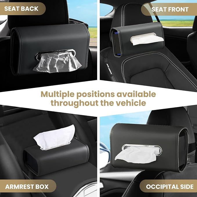Car Tissue Holder, WHHMK Tissue Box Cover Keep Car Tidy,PU Leather Backseat Napkin Rectangle Organizer,Extra Large Tissue Box Storage in Auto Fits for 100-150 Regular Size Tissues,Black(2Packs)