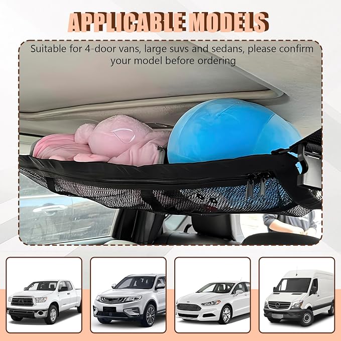 Car Ceiling Cargo Net,35.4″x 25.6″Adjustable Buckle Car Ceiling Storage,Double Layer Interior Roof Cargo Net,Roof Mesh Camping Overlanding Gear Must Haves CargoNet,Universal for SUV,Van,Trucks,RV