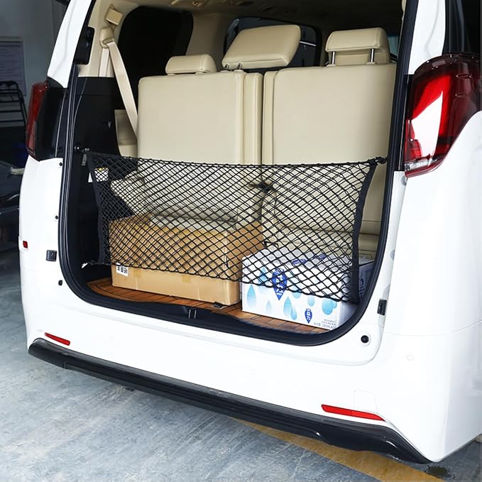 Car Rear Cargo Net, Adjustable Elastic Vehicle Double-Layer Mesh Storage Bag with Hooks, Stretchable Automotive Trunk Organizer Net, Universal for Sedan, RV, Truck (43.4" x 15.74")