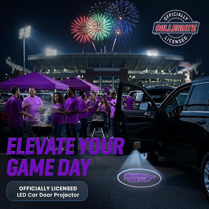 Sporticulture American Football K-State Car Door Lights Logo Shadow Display - Officially Licensed NCAA Car Accessories - Show Your Team Pride - Battery Powered, Universal Fit