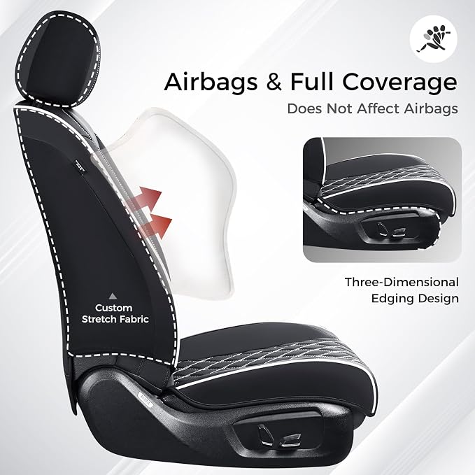 Huidasource Universal Car Seat Cover, Car Seat Cover Set Nappa Leather Universal Fit for Most Cars, Vans, Trucks, SUVs, Compatible with Airbags, Seat Covers Velcro Adjustable (Full Set/Black&White)