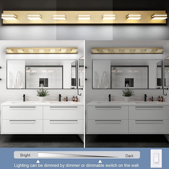 SineRise LED Modern Bathroom Vanity Light Fixtures (7-Light, 55-Inch, Dimmable), Gold Modern Acrylic Bathroom Wall Lighting Fixtures Over Mirror (Cool White 6000K)